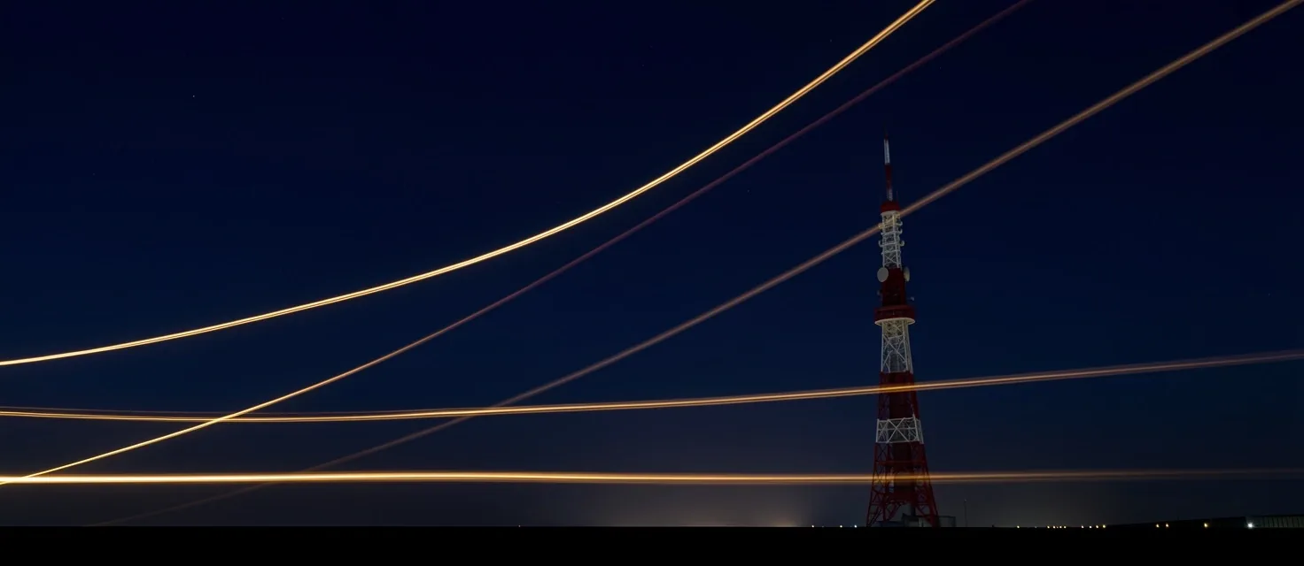 夜の送信塔の光跡